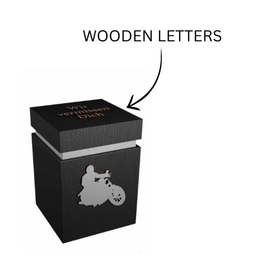 Black Wooden Motorcycle urn with wooden letters