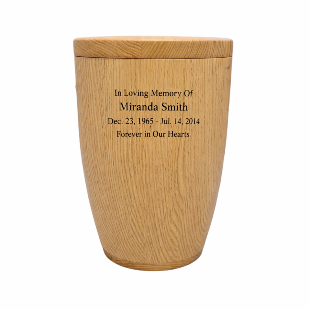 Oak wooden urn, modern shape, lacquered