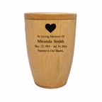 Oak wooden urn, modern shape, lacquered