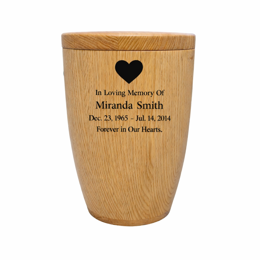 Oak wooden urn, modern shape, lacquered