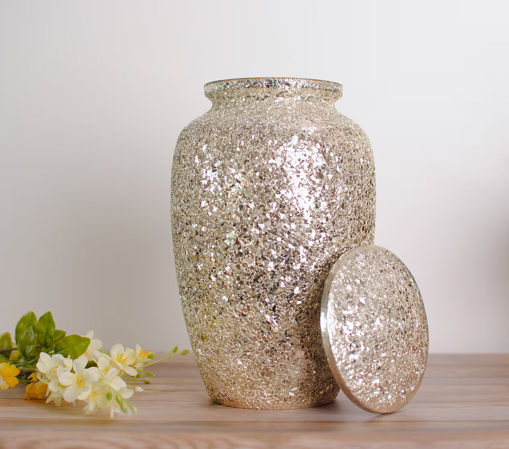 white glitter urn