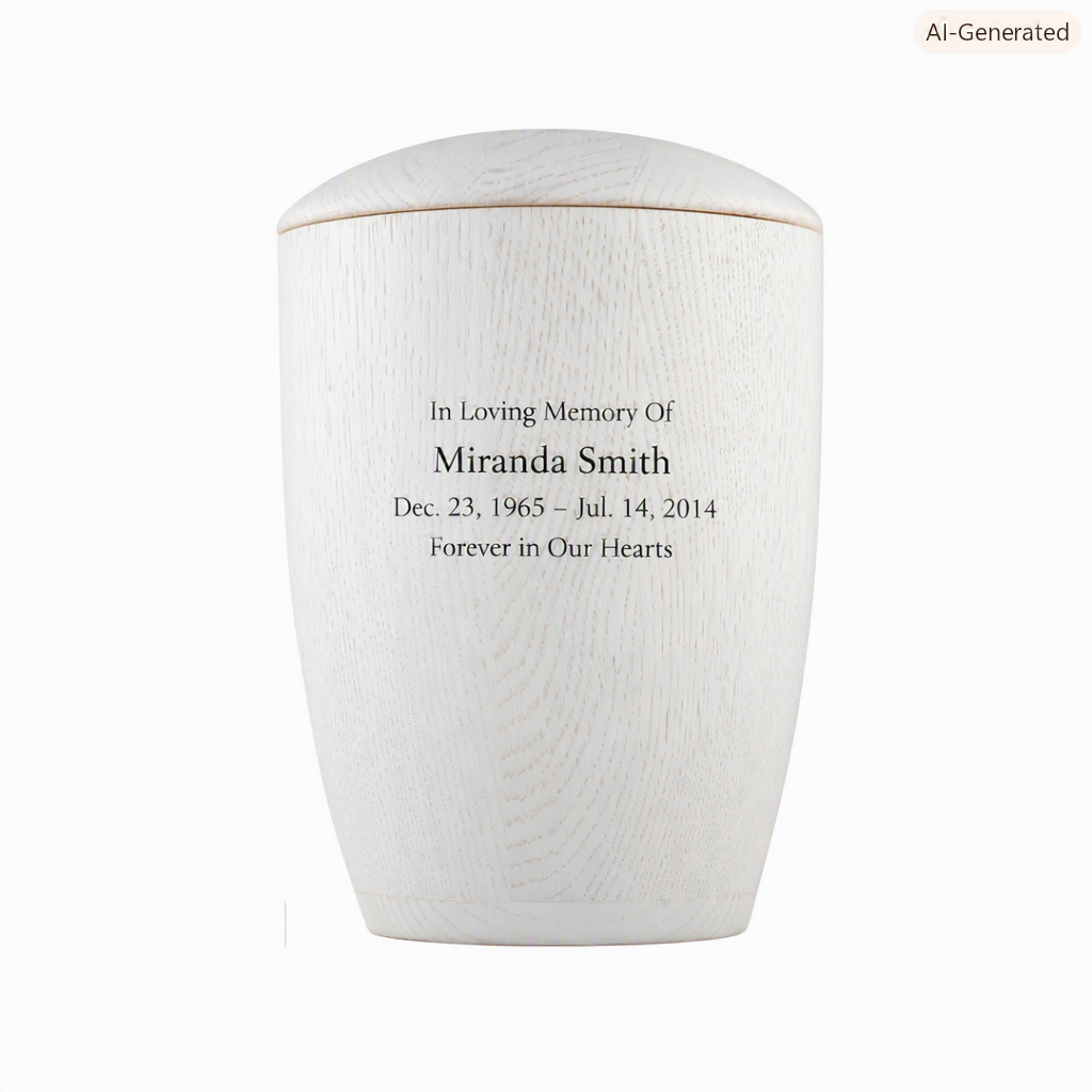 White wooden urn with personalized text. White personalized wooden urn