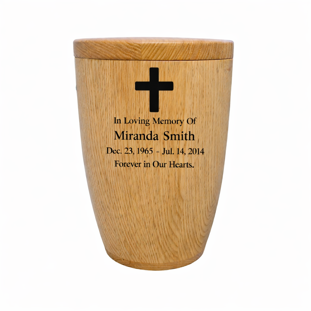 Oak wooden urn, modern shape, lacquered