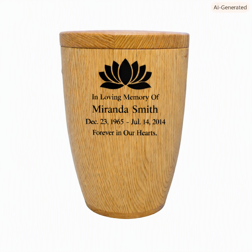 Oak wooden urn, modern shape, lacquered